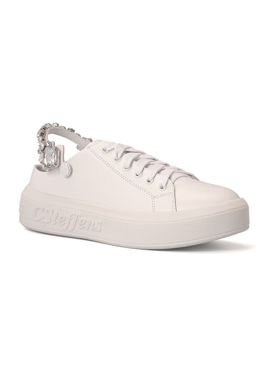 White Leather Sneakers with Crystal Detailing