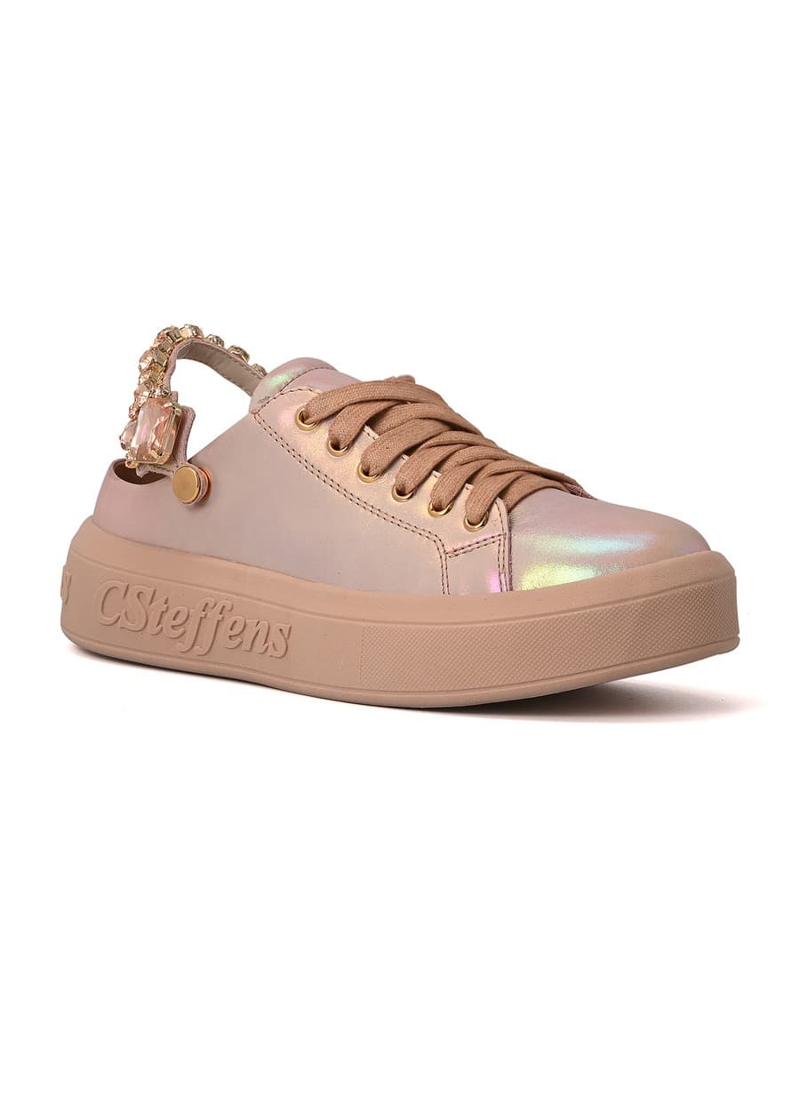 Holographic Iridescent Leather Sneakers with Rhinestones