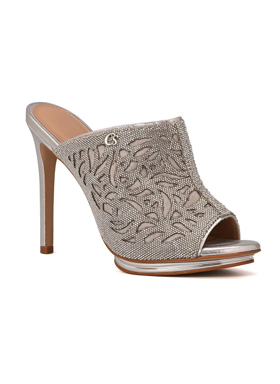 High Heel Mules with Laser Cutouts in Aluminum Silver