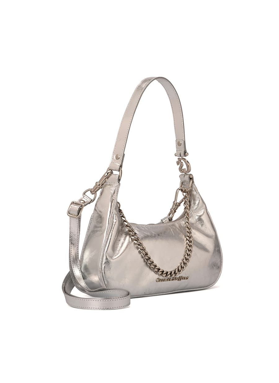 Half-Moon Silver Leather Bag with Chain
