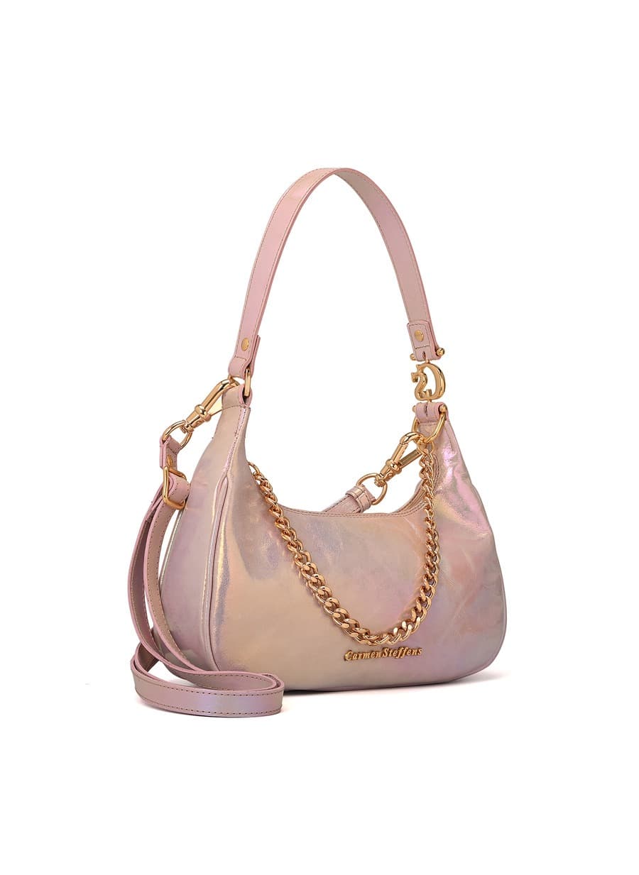 Iridescent Leather Half-Moon Bag with Chain