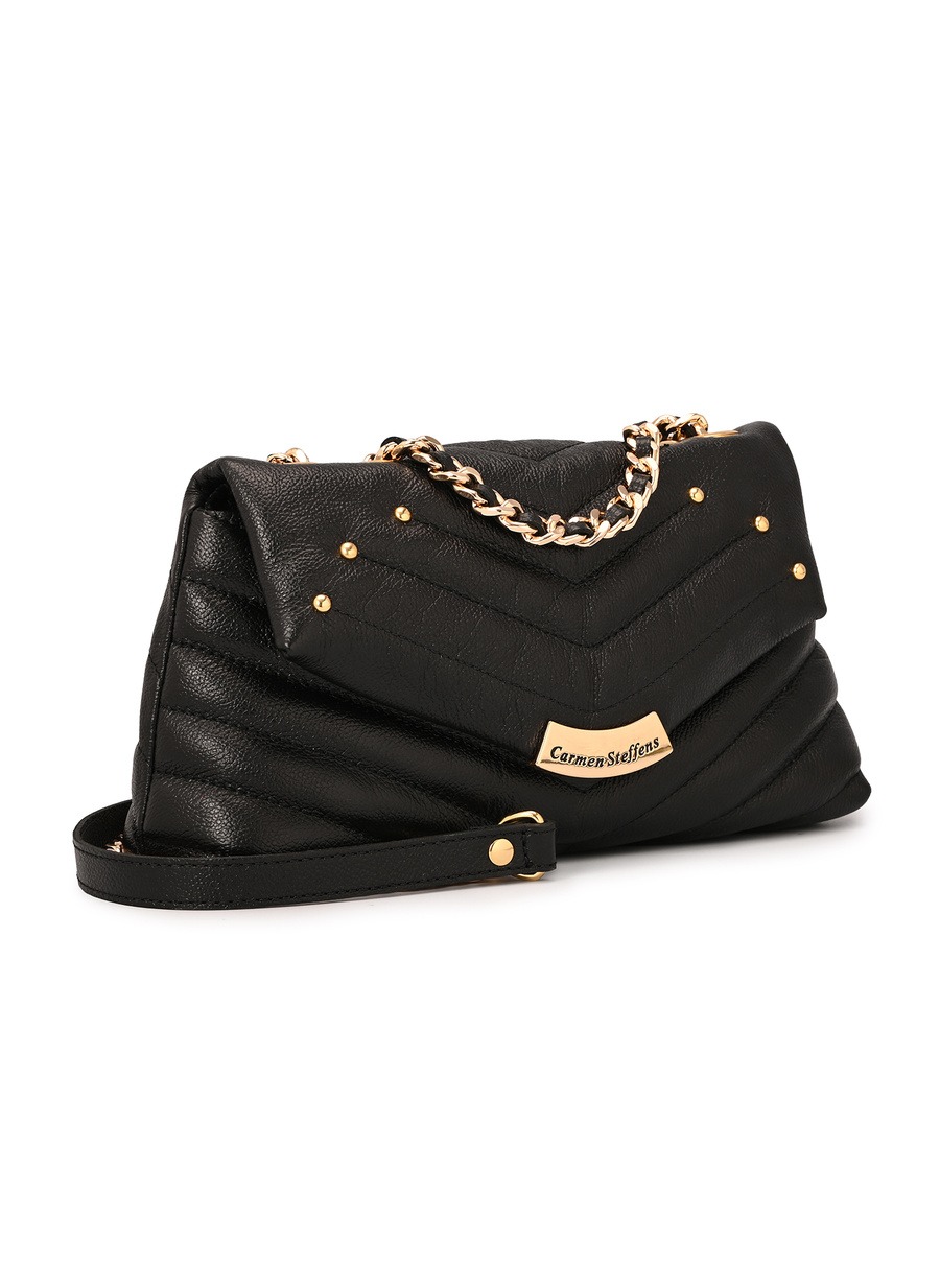 Black Quilted Leather Bag with Metal Application