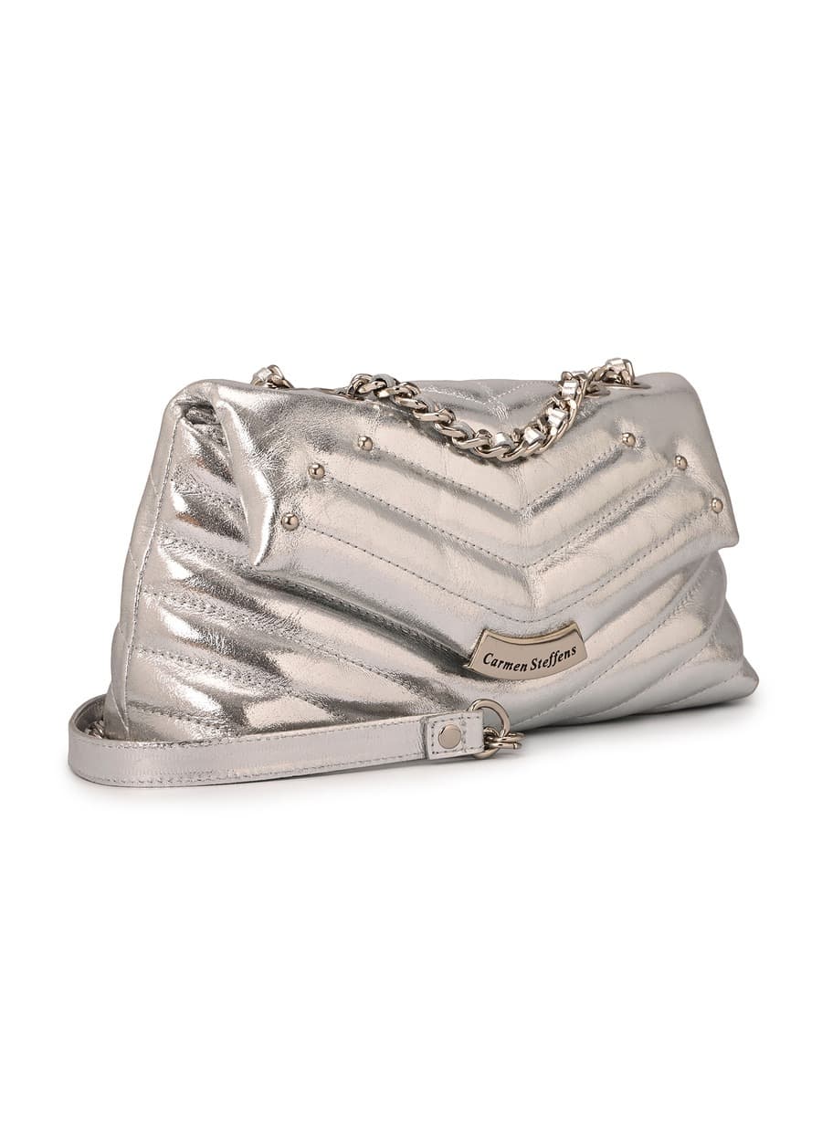 Quilted Silver Leather Bag with Metal Application
