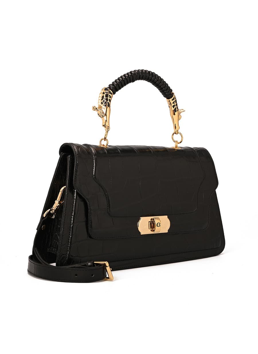Black Croco Leather Top Handle Bag