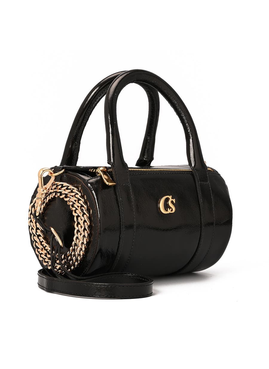 Cylindrical Black Leather Bag