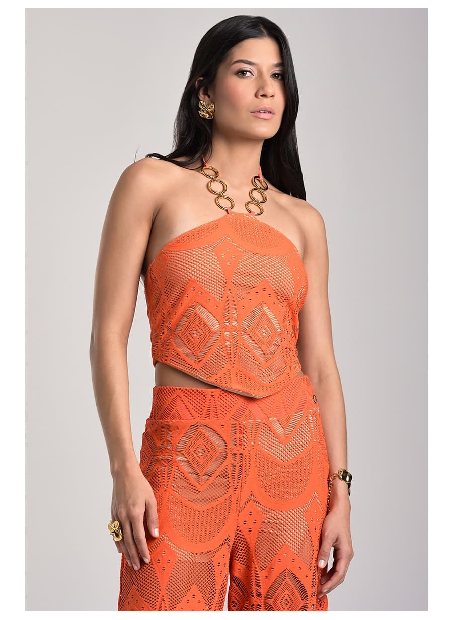 Orange Halter Neck Cropped Top with Metal Strap