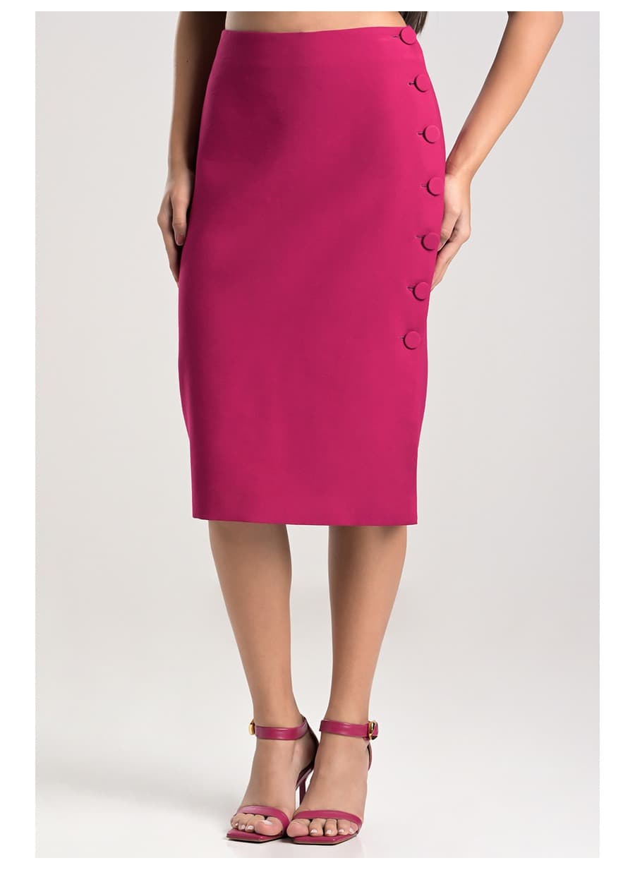 Fuchsia Midi Skirt with Slit and Buttons