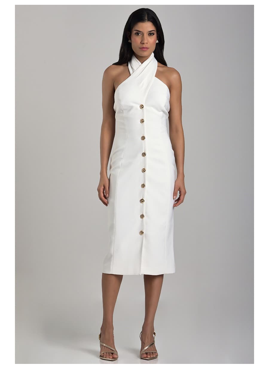 Tailored Dress with Crossed Neckline Off-White