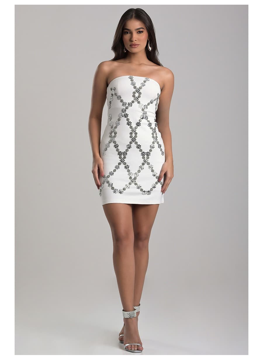 Off-white Strapless Dress Embroidered with Crystals