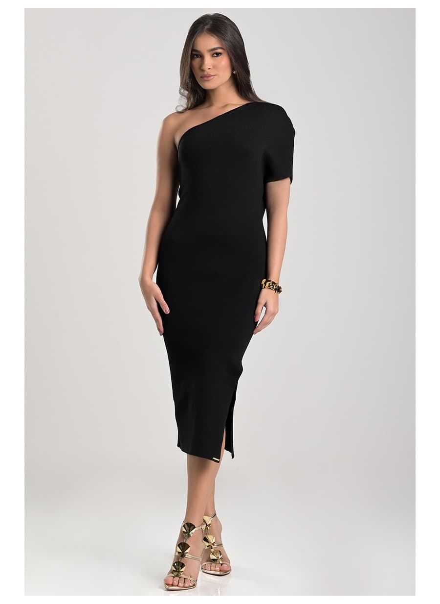 Black One-Shoulder Bandage Knit Dress