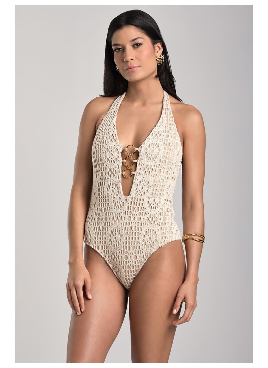 Swimsuit with Crochet Overlay Off-white