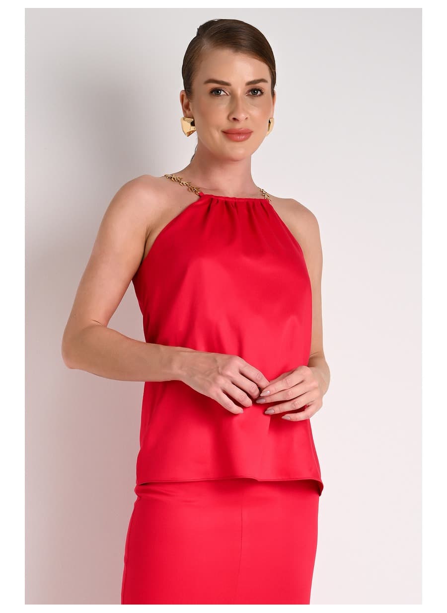 Halter Neck Tank Top with Red Metal Strap