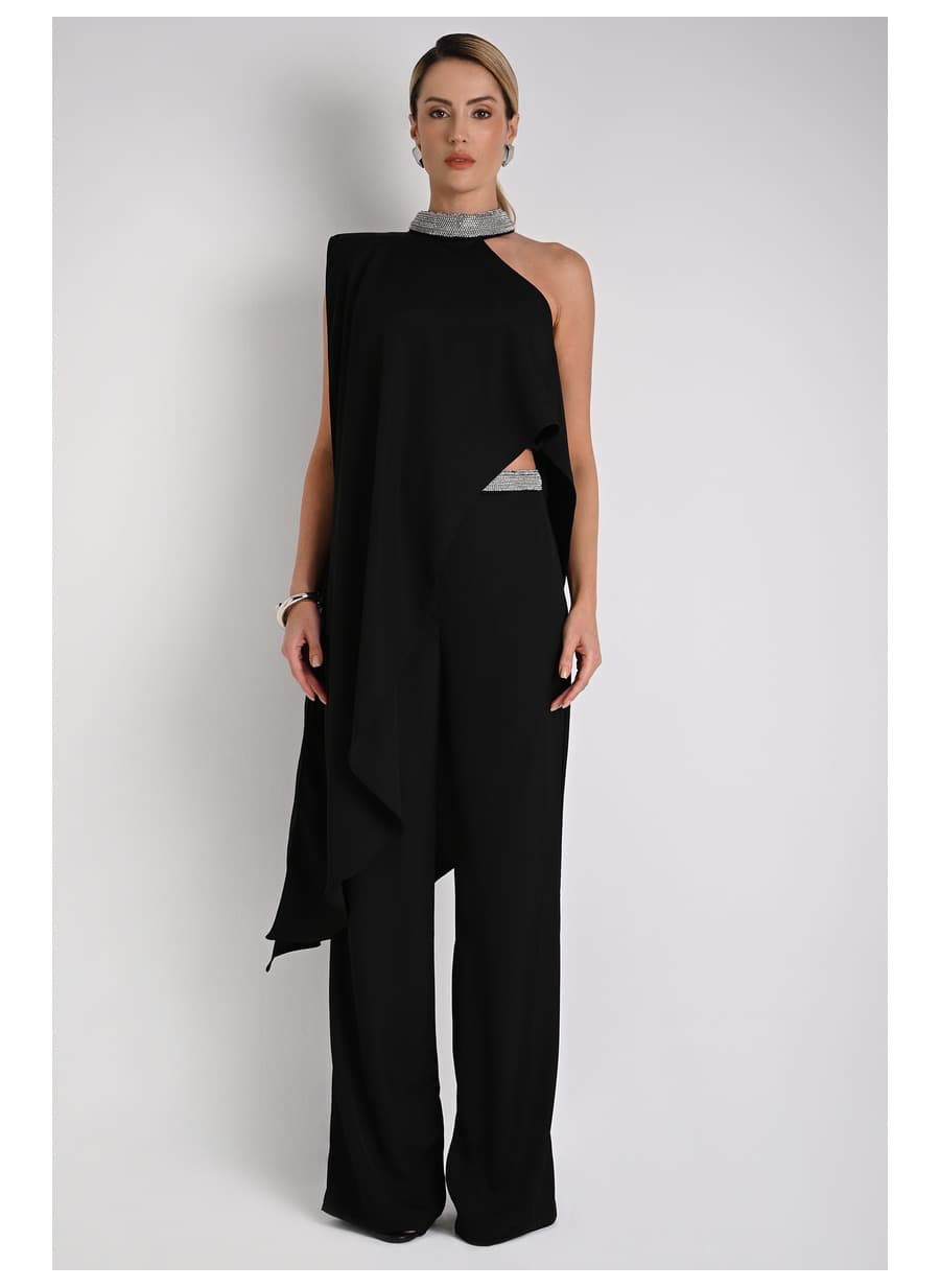 Asymmetric Blouse with Black Overlay