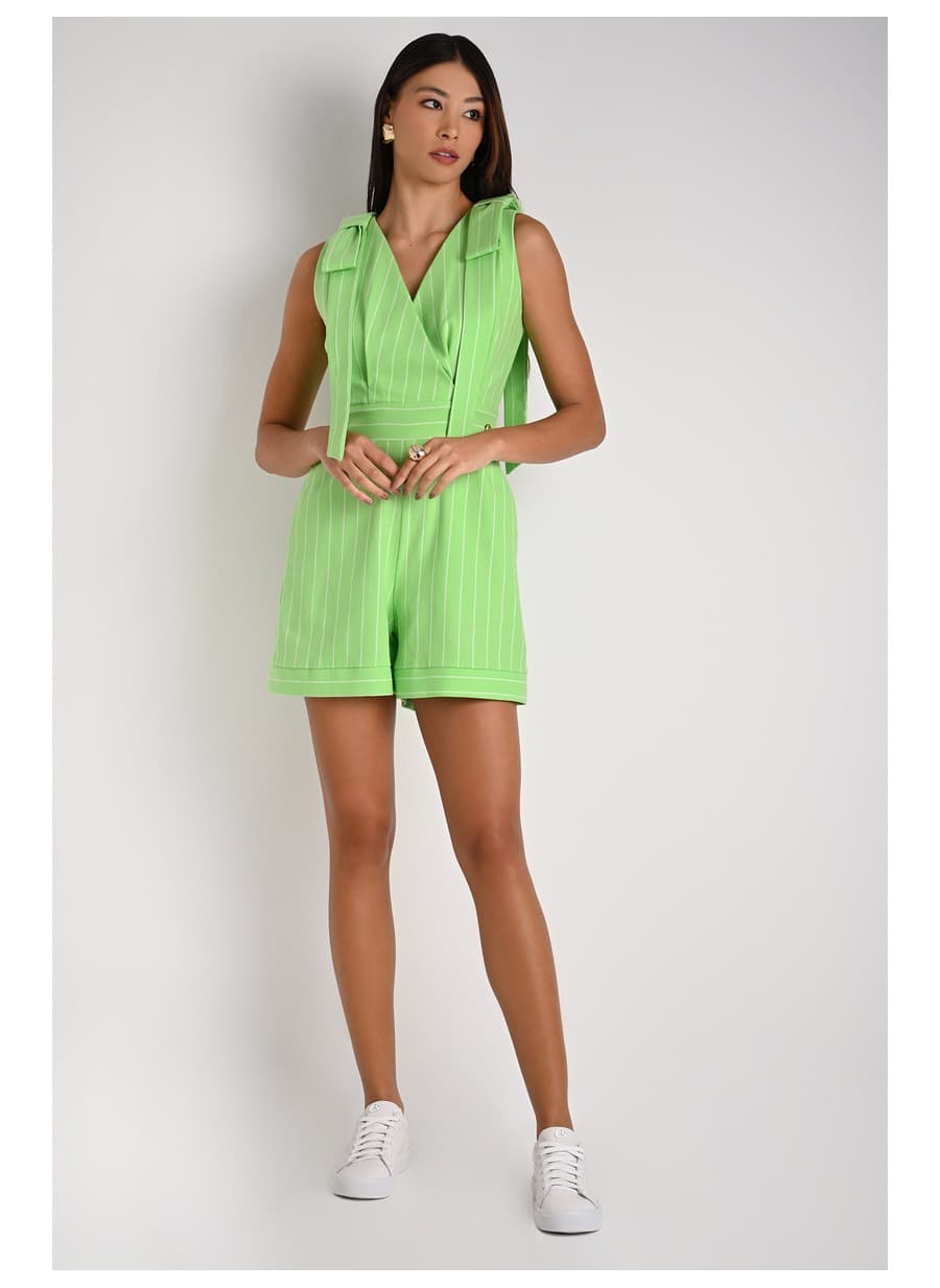 Green Striped Shoulder Bow Romper