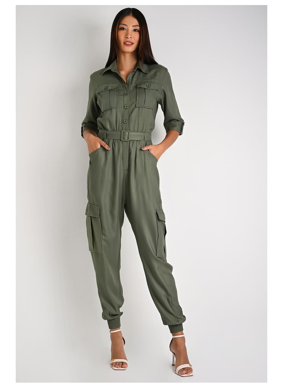 Jumpsuit Jogger with Military Lapel Detail