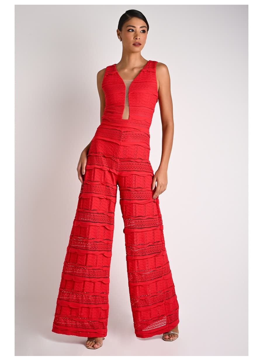 Red Jumpsuit with Transparent Neckline