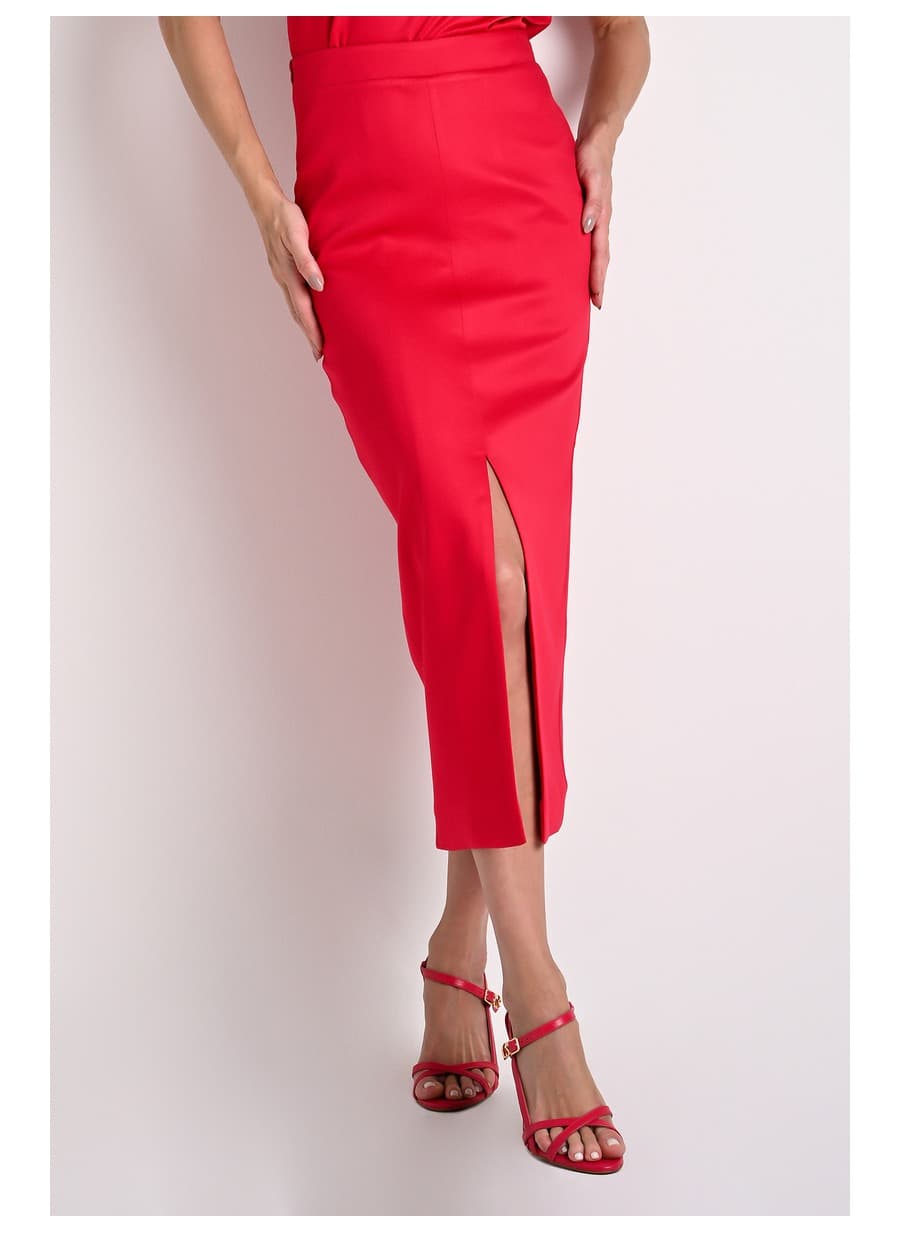 Red Front Slit Midi Skirt