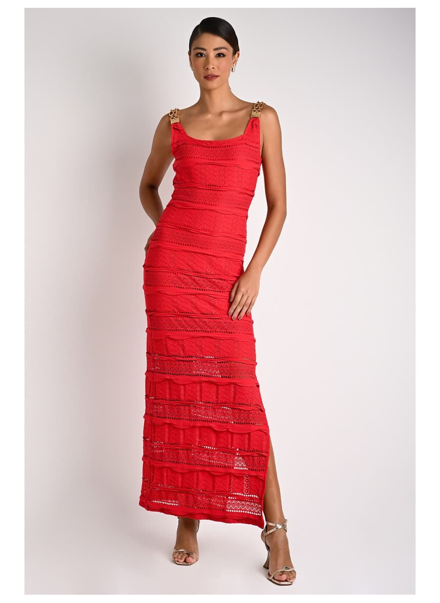 Midi Sheath Dress with Mesh Effect in Red