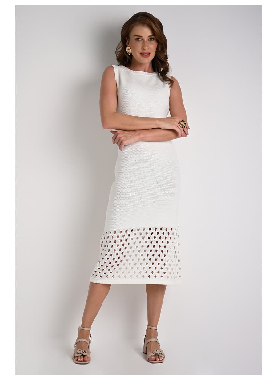 Midi Dress with Openwork Hem Off-White