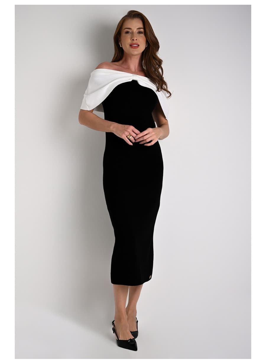 Midi Off-Shoulder Black and White Dress